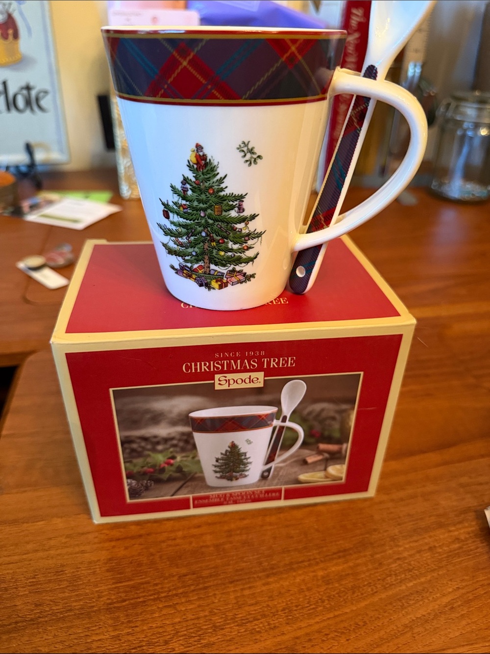 Spode Christmas Tree White Mug & Spoon Set with Red Trim